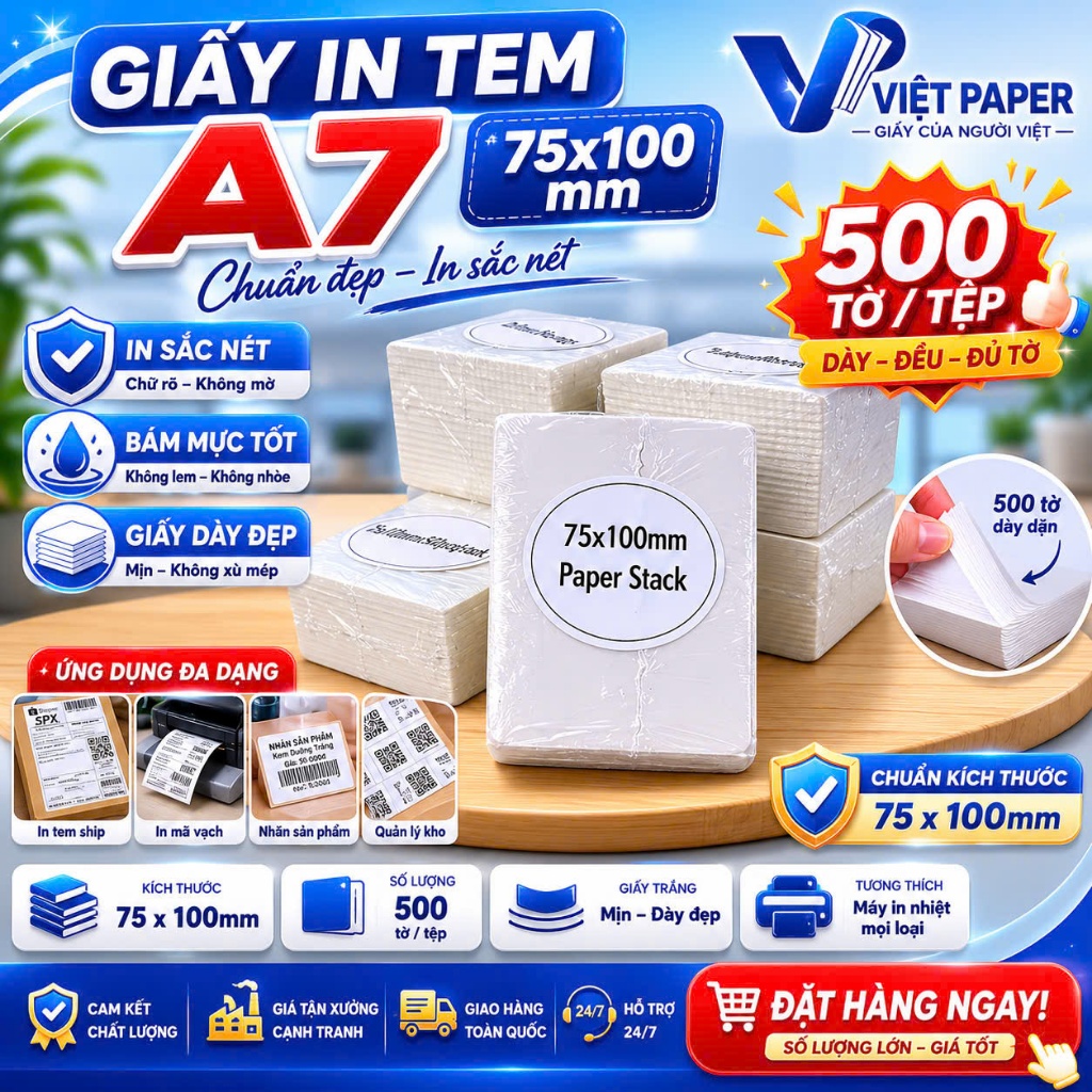 Giấy In Nhiệt A7 Tệp 500 Tờ Size 76x130, 75x100 In Đơn Thương Mại Điện Tử