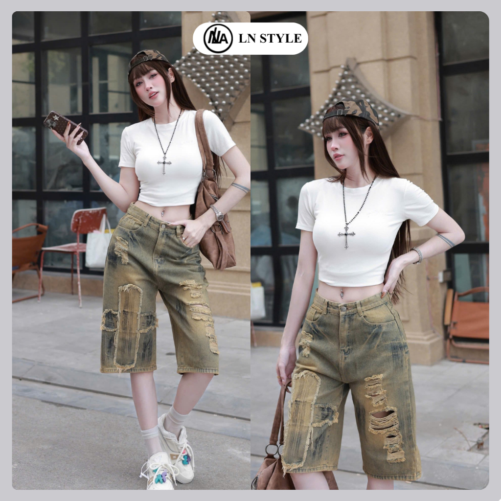 LN-STYLE- Quần Jean Nữ Ngố Lững Ống Rộng Wash Rách Kiểu Vải Jean Cotton Dài 62 cm Chất Liệu Dày Dặn 