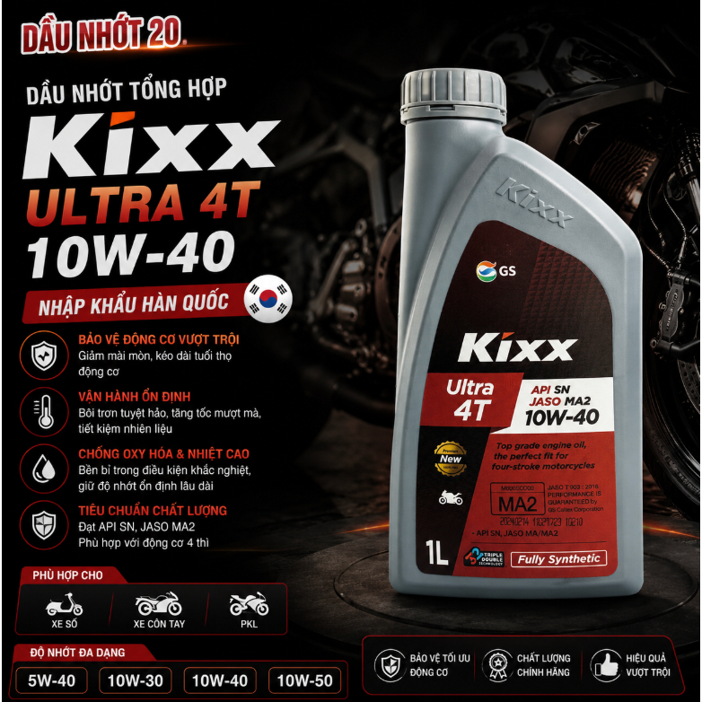 Dầu Nhớt Tổng Hợp Kixx Ultra 10W40 Nhập Khẩu Hàn Quốc, Kixx ga 5w40, Kixx số 10w40