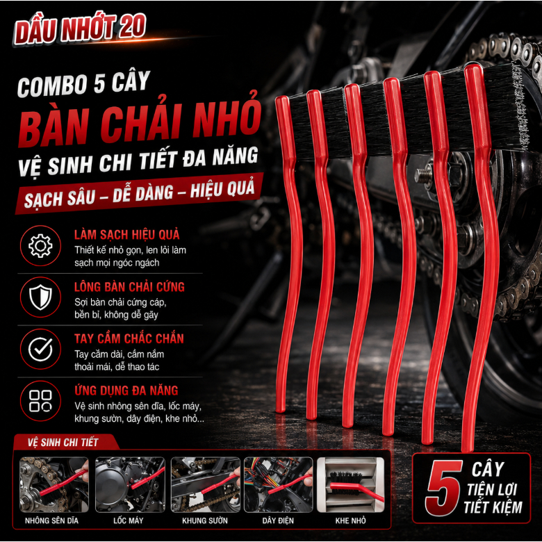 Combo 5 cây Bàn Chải Nhỏ Vệ Sinh Chi Tiết Vệ Sinh Nhông Sên Dĩa Vệ Sinh Lóc Máy, Khung sườn, dây diện