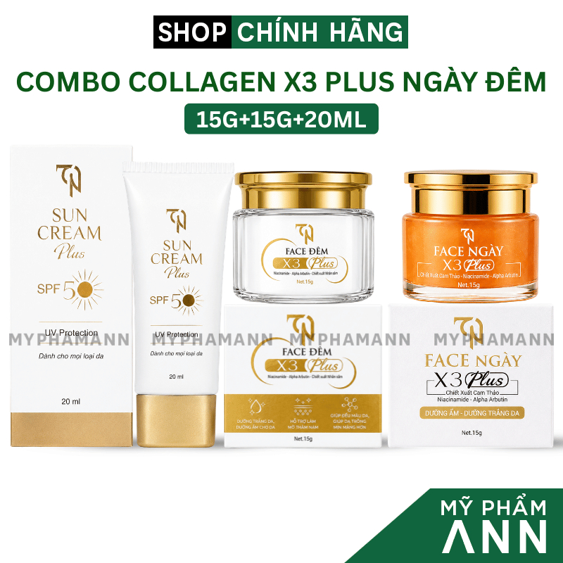 Combo Kem Face Ngày Collagen X3 Plus + Kem Face Đêm Collagen X3 Plus + Serum Collagen X3 Plus TN Mỹ 