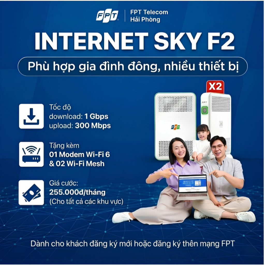 [GÓI 6T/12T] Gói Internet SKY F2 | Sử dụng đến 12-20 thiết bị | Trang bị 01 Modem & 02 Access Point 