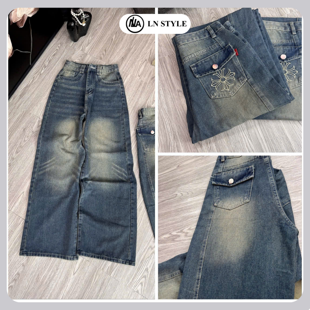 LN STYLE-Quần Jean Nữ Ống Suông Túi Đắp Thêu Họa Tiết  Rả Thân Sau  Vải Jean Cotton Cao Cấp Ồng 28cm