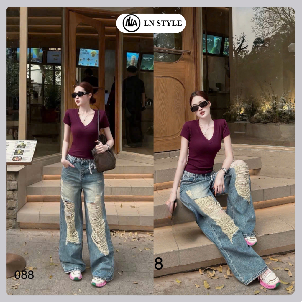 LN STYLE - Quần Jean Nữ Ống Suông Rộng Ống Loe Rách Gối Cá Tính Mã 088, Quần Bò Nữ Ống Loe Rộng 30cm