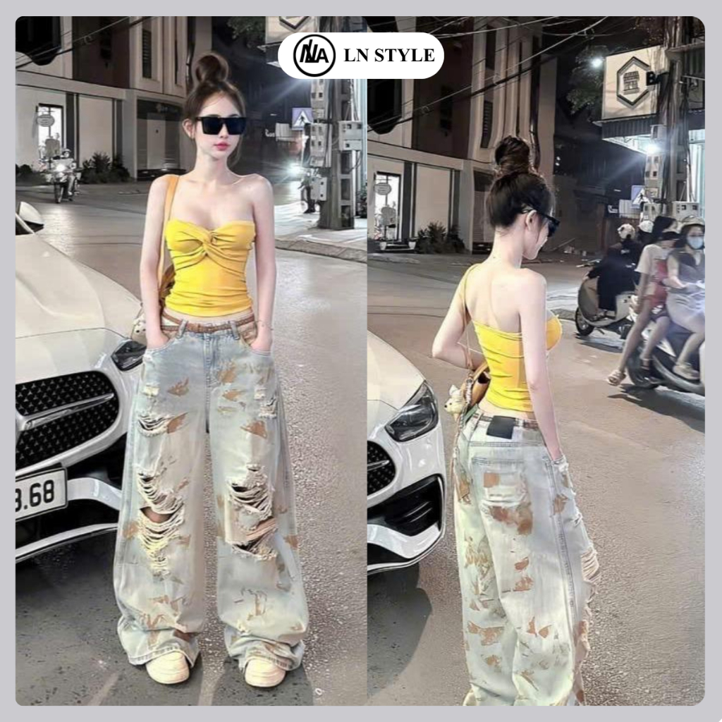 LN STYLE- Quần Jean Nữ Ống Suông Rộng 30cm Mã 099, Chất Cotton Cao Cấp, Thiết Kế Rách Gối, Phong Các