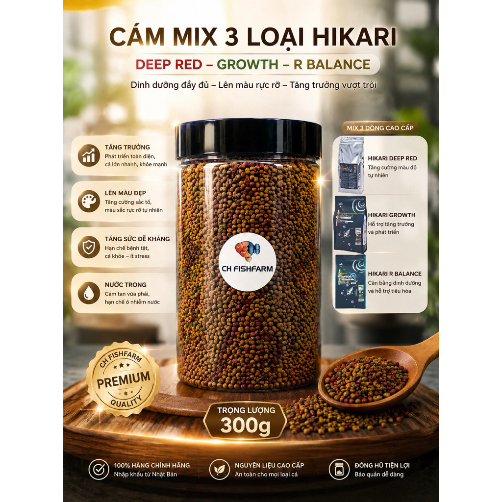 Cám Mix Hikari 3in1 Deep Red – Growth – R Balance | Lên Màu Đẹp, Phát Triển Form, Hỗ Trợ Tiêu Hóa Ch