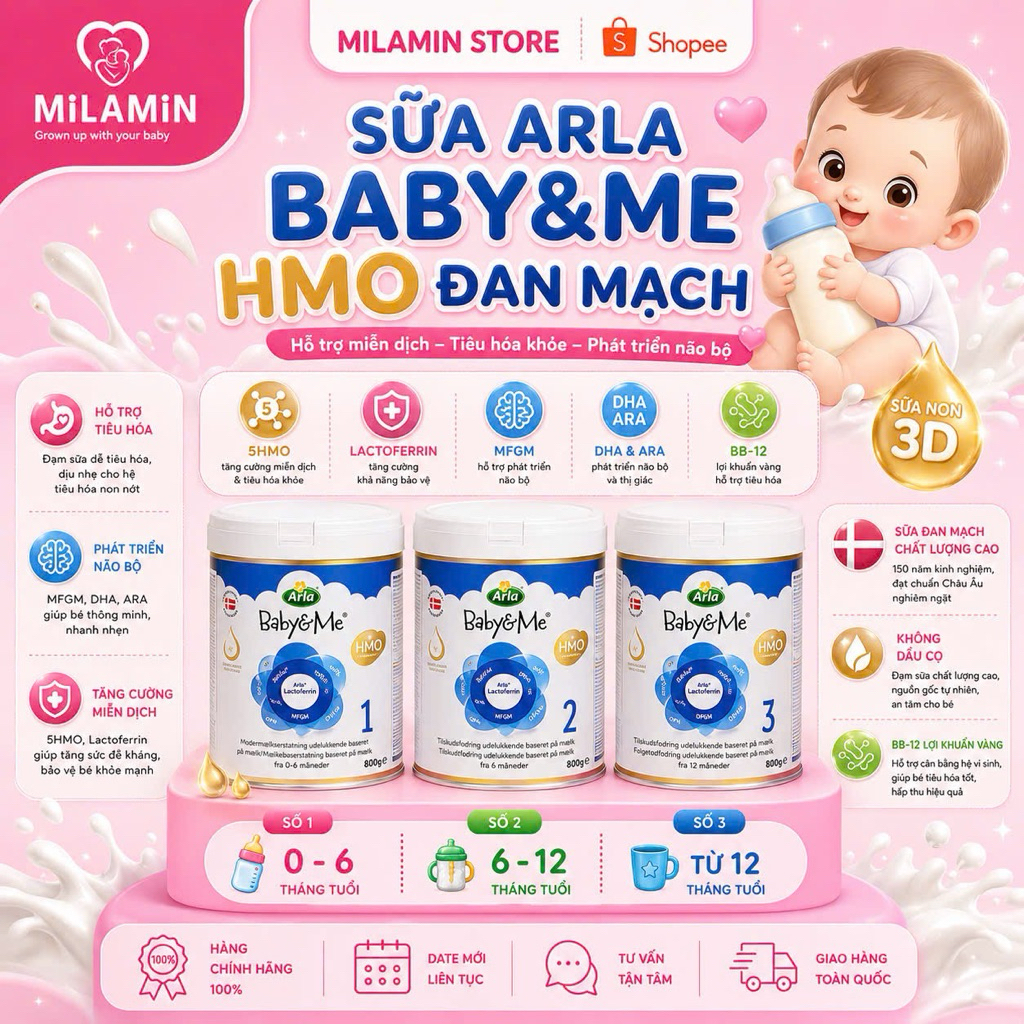 Sữa Arla Baby&me HMO step 1; 2, Step 3 Tăng Đề Kháng Cho Bé