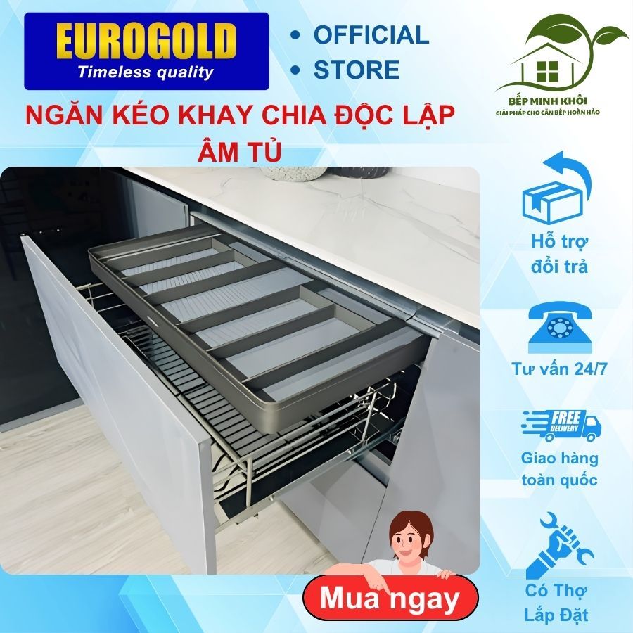 Khay chia thìa đũa ngăn kéo độc lập, EUROGOLD chất liệu nhôm phay xước cao cấp