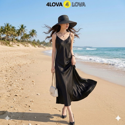 Váy Lụa Đầm 2 Dây Dáng Suông 4LOVA Cổ Tim, Dáng Maxi, Chất Liệu Lụa Satin Nhung Cao Cấp - Váy Cổ Tim Dáng Dài Iris