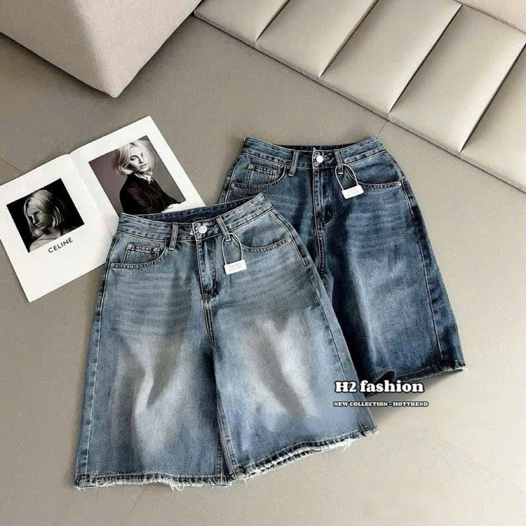 ( DODA ) Quần Short Jean Nữ Ống Rộng Dáng Ngố Lửng H2 Fashion, Quần Bò Ngố Nữ Cạp Cao Wash Màu Retro