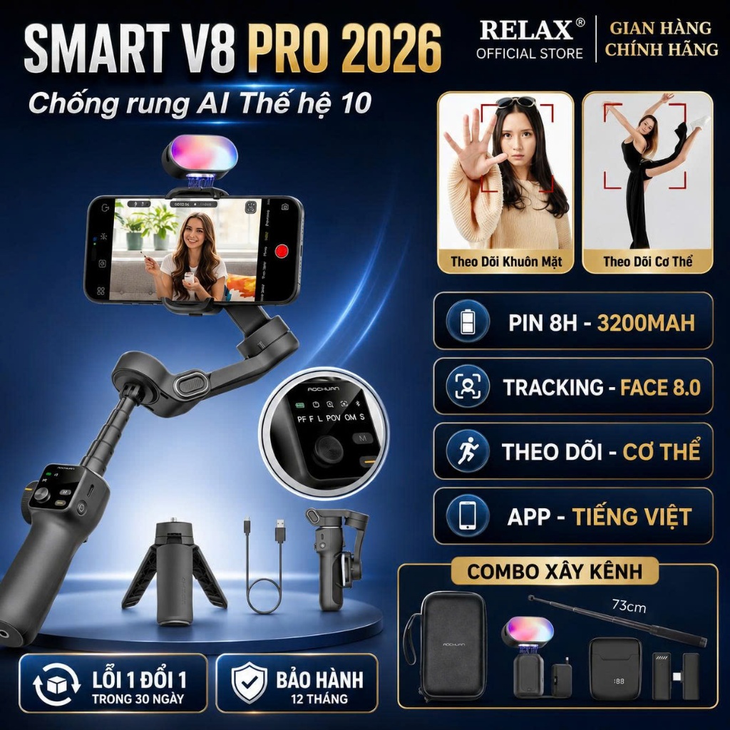 Gimbal chống rung điện thoại Smart V8 Pro, Gậy quay video chống rung - Pin 2600mAh - Tracking Ai