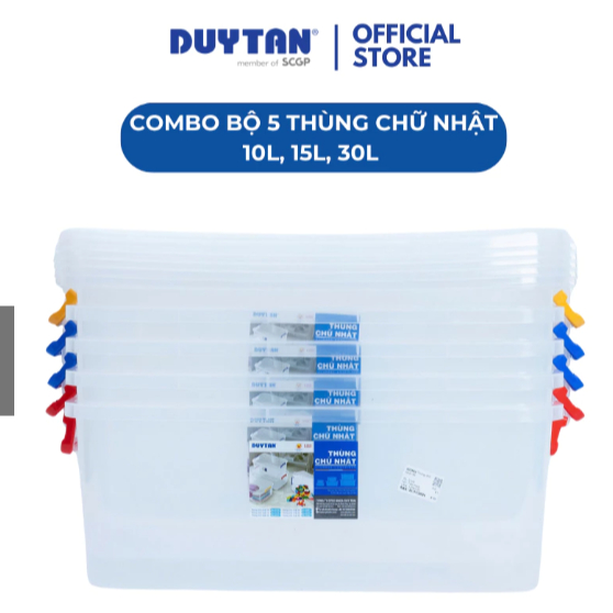Combo 5 Thùng Nhựa Chữ Nhật Duy Tân – 10L, 15L, 30L – Nhựa PP An Toàn Đựng Thực Phẩm, Đồ Dùng