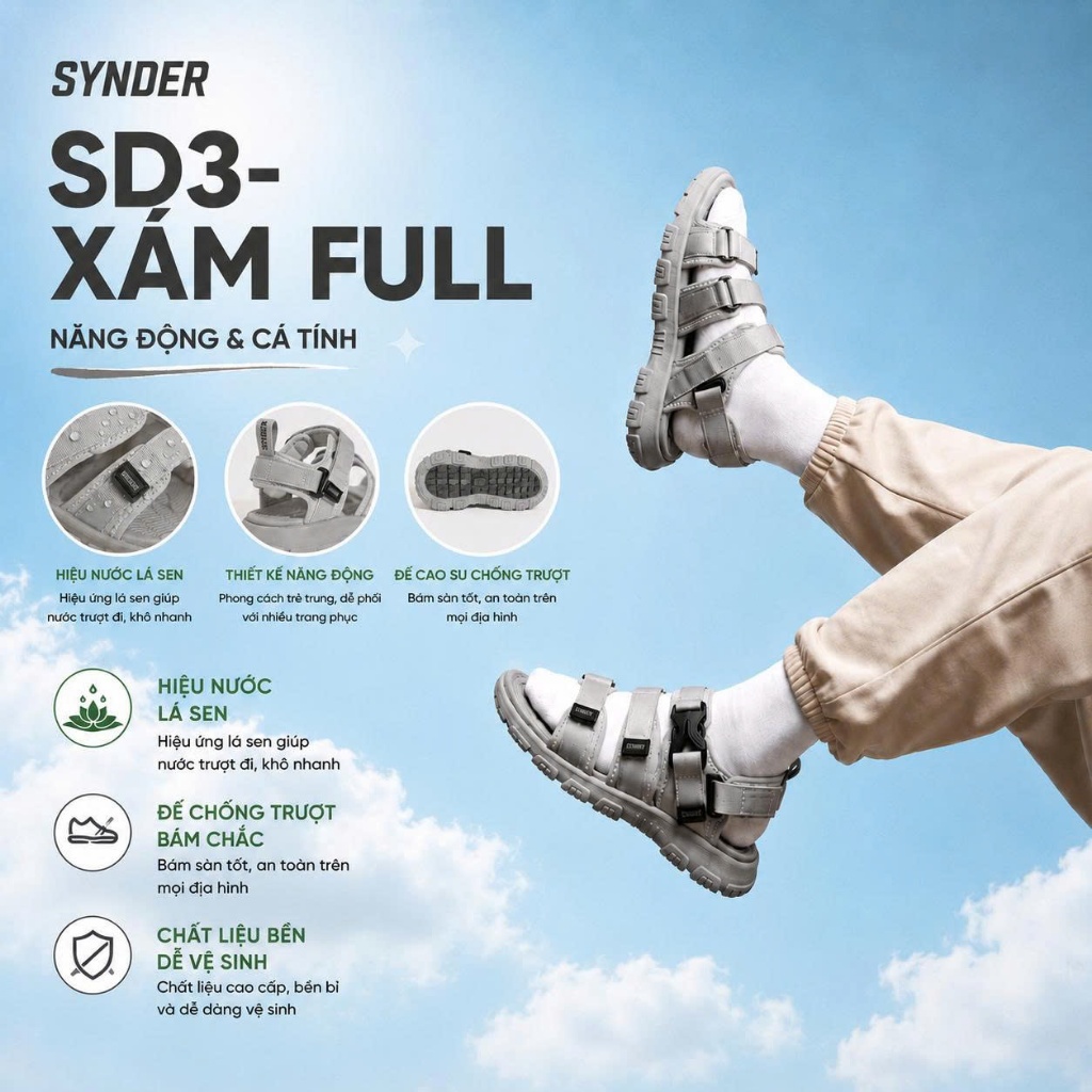 Dép Sandal SYNDER SD3 Quai Hậu - Dép nhẹ, khô nhanh, chống trơn [Màu Xám, Size 36-44]