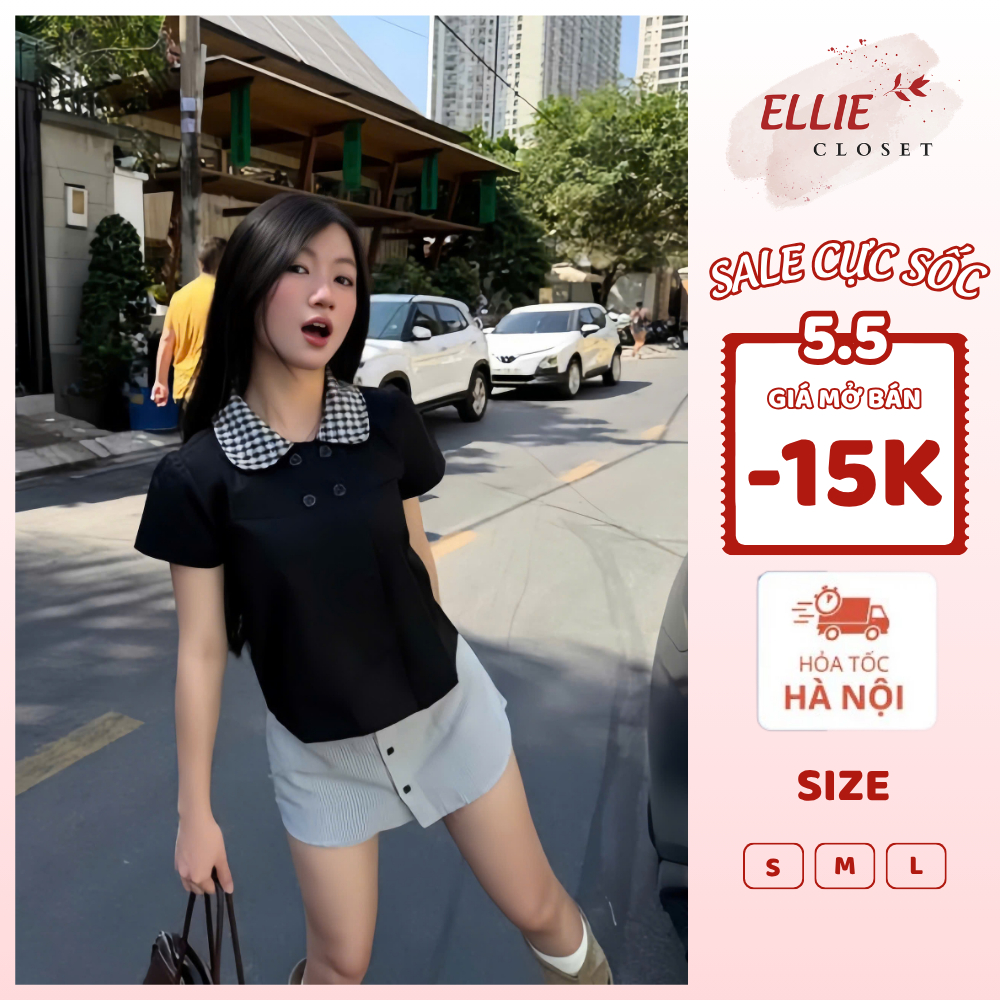[GIẢM 20K] Áo Nữ Cổ Sen Phối Caro – Áo Thun Nữ Ngắn Tay Phối Cúc Phong Cách Hàn Quốc