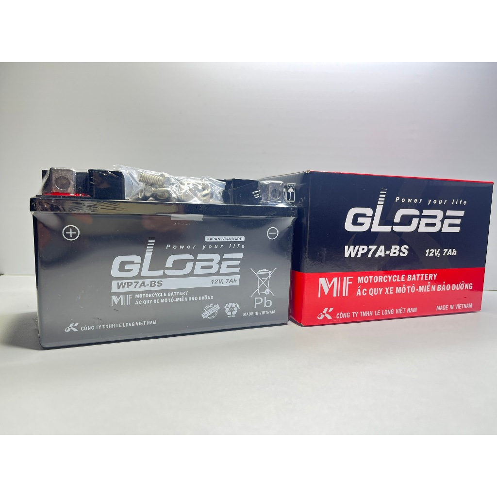 Bình ắc quy khô GLOBE WP7A-BS 12V-7AH ắc quy lùn thấp dành cho xe máy Atila, Spacy ,Vespa, Zip, Môtô