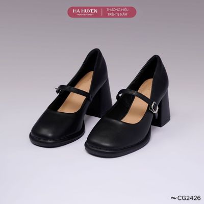 Giày cao gót nữ HÀ HUYỀN da lì mép nổi khuy cài kín gót gót vuông 7cm - CG2426
