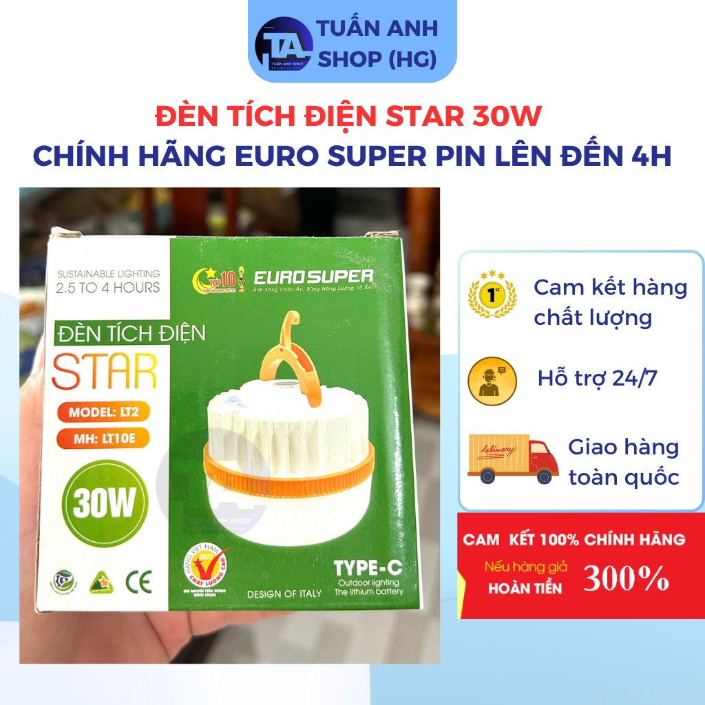 Đèn Tích Điện Star 30W Chiếu Sáng Lên Đến 4H Chính Hãng Euro Super Có Nam Châm Để Gắn Lên Bề Mặt Sắt