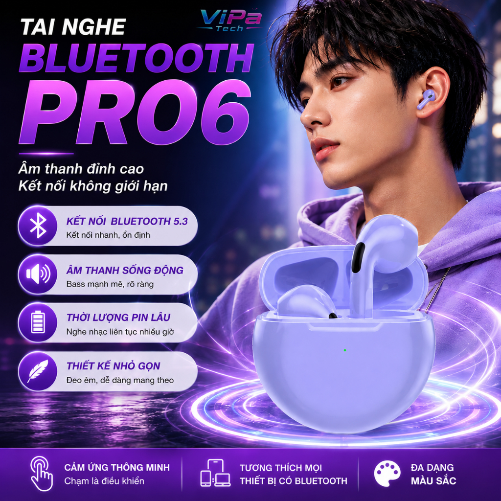 Tai Nghe Bluetooth PRO 6 Không Dây - Tai Nghe Nhét Tai Pro 6 TWS - V5.3 Cảm Ứng Thông Minh