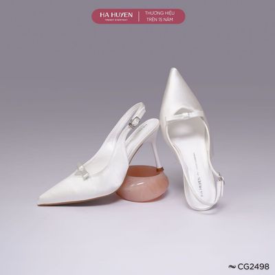 Giày cao gót Slingback nữ HÀ HUYỀN da lì mũi nhọn nơ nhí quai hậu gót nhọn 8cm - CG2498