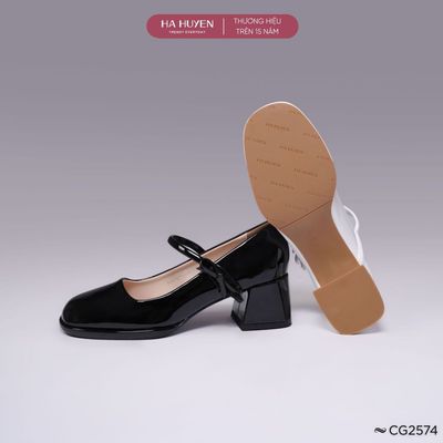 Giày cao gót nữ HÀ HUYỀN da bóng quai ngang nơ hông gót vuông 5cm - CG2574