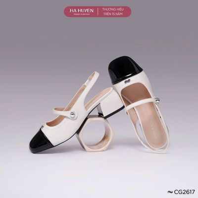  Giày cao gót nữ HÀ HUYỀN mũi captoe da bóng đính logo vô cực quai ngang quai hậu gót vuông 5cm - CG2617