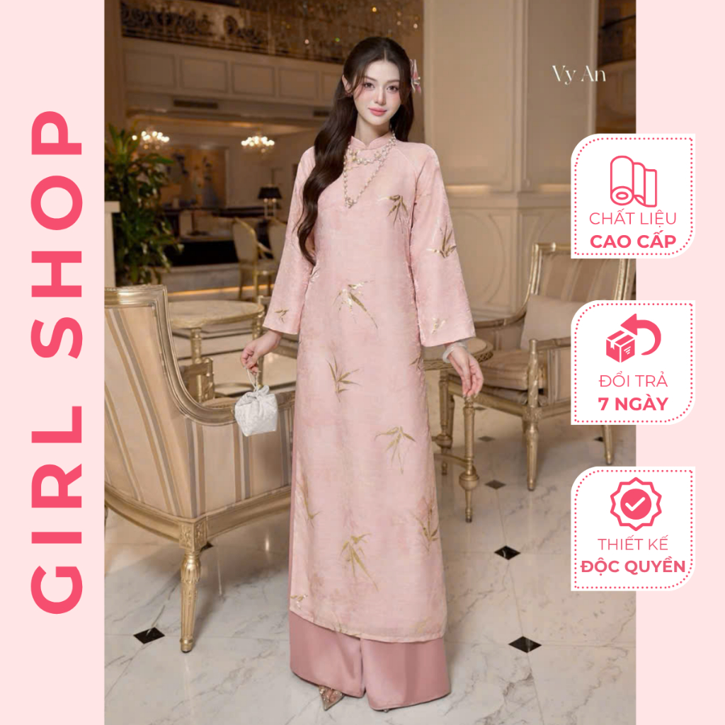 Set Áo Dài Vy An Thiết Kế Cao Cấp Dáng Suông Cổ Cao Sang Trọng Thanh Lịch GIRLSHOP