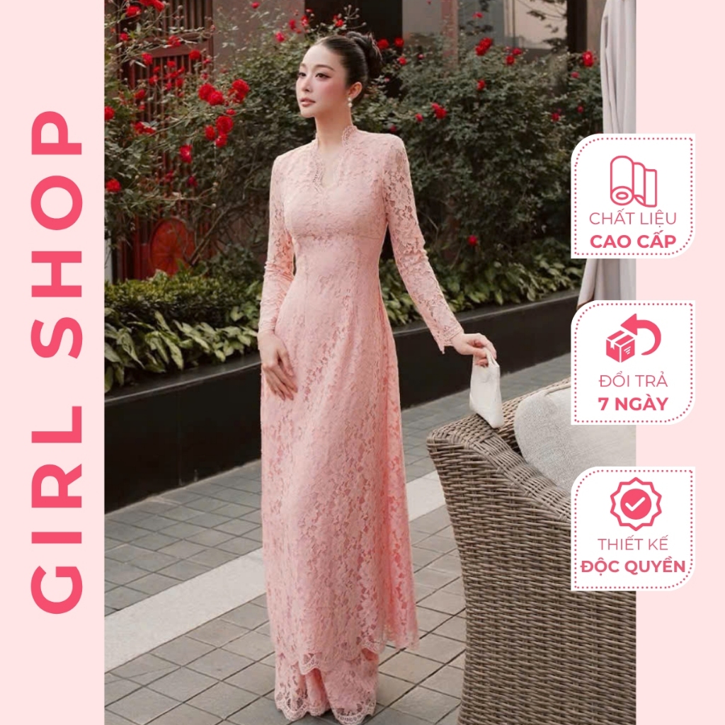 Set Áo Dài Hồng Ren Thiết Kế Cao Cấp Dáng Suông Cổ Chữ V Sang Trọng Thanh Lịch GIRLSHOP