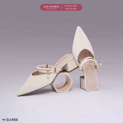 Sục nữ HÀ HUYỀN da lì cut V 2 quai ngang cổ rút khóa ngọc gót vuông 5cm - SU466