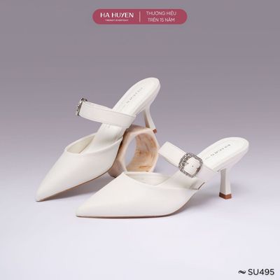Giày sục cao gót nữ HÀ HUYỀN chất lụa satin mũi nhọn quai ngang gót nhọn 6cm - SU495