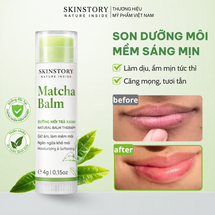 Son dưỡng hồng môi, mềm mịn, giảm nứt nẻ, hỗ trợ giảm thâm Matcha Balm 4g, Skinstory Việt Nam