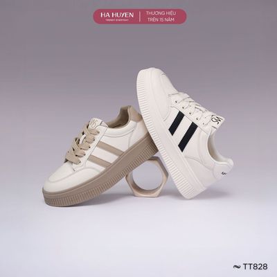 Giày thể thao Sneaker nữ HÀ HUYỀN da lì dây buộc 2 vạch đế cao 4cm - TT828