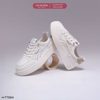 Giày thể thao Sneaker nữ HÀ HUYỀN da lì mũi lỗ dây rút hông thêu chỉ độn đế 3cm - TT894
