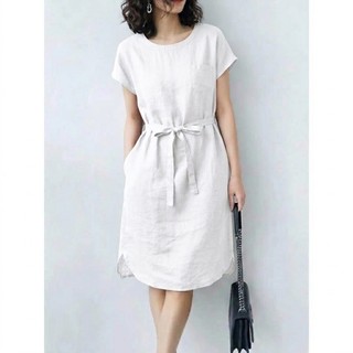 Đầm suông cổ thuyền tay hến rút eo, chất vải Linen bột mềm mại, form đầm suông trẻ trung- DS09
