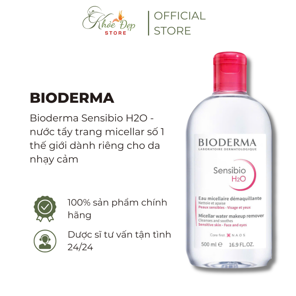 Nước Tẩy Trang Da Nhạy Cảm Bioderma Sensibio H2O 500ml — Sạch Dịu, Dùng Được Vùng Mắt - Khỏe Đẹp Sto