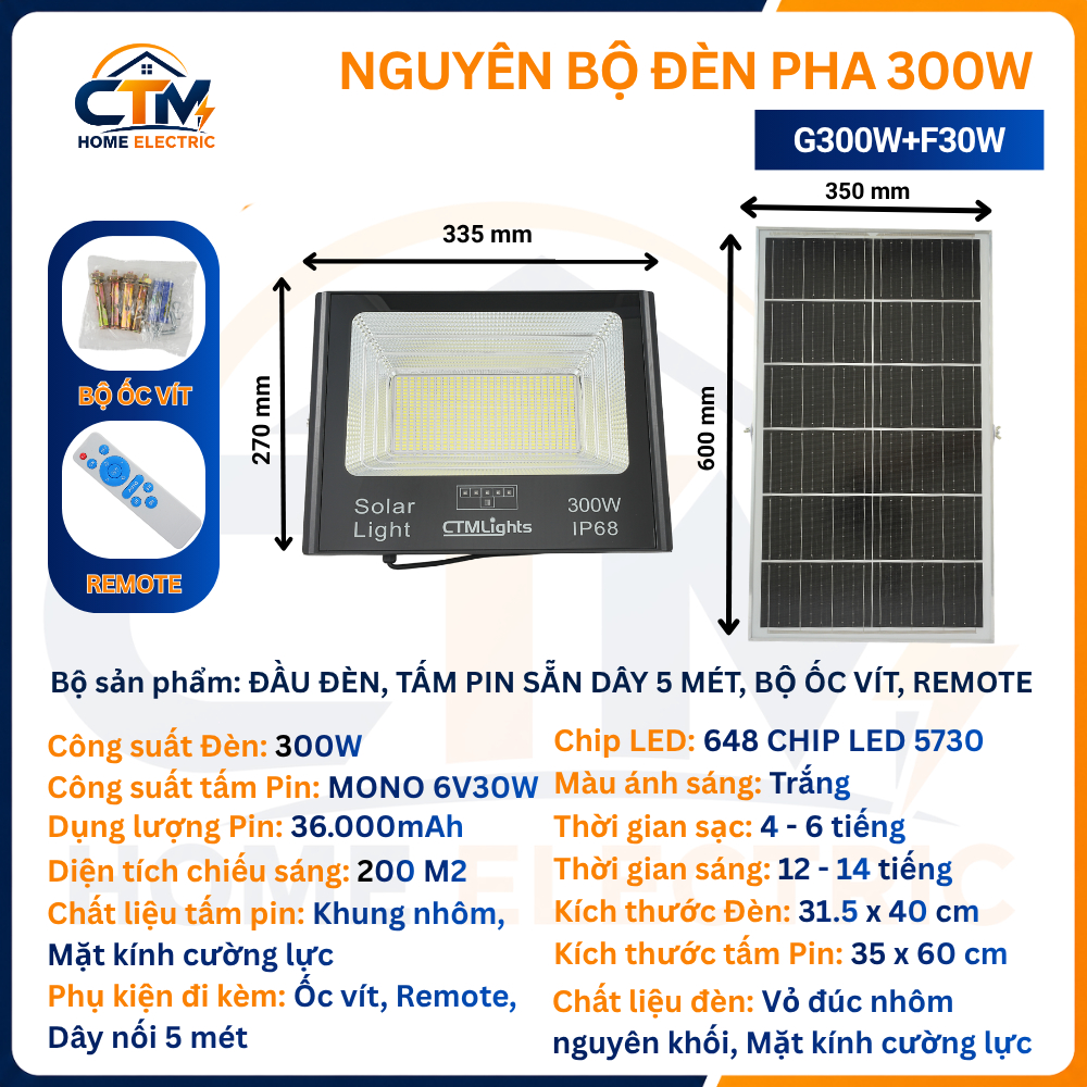 Đèn Pha Năng Lượng Mặt Trời CTMLights 300W, Bảo Hành 2 Năm; Chống Nước IP68