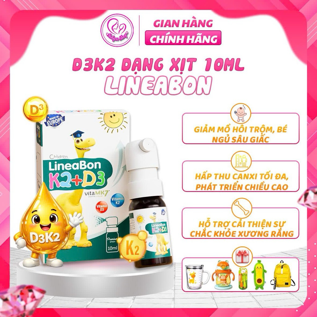 Vitamin D3k2 Lineabon xịt xanh 10ml -Bổ sung d3 k2 cho bé hấp thụ canxi, tăng chiều cao, hỗ trợ xươn