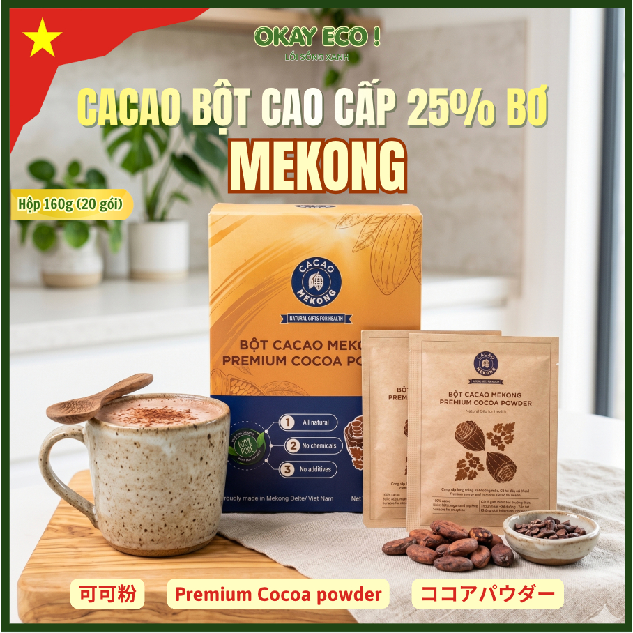 [25.06] Bột cacao nguyên chất PREMIUM 25% bơ cacao xuất Nhật MEKONG không kiềm hoá, không đường (Hộp
