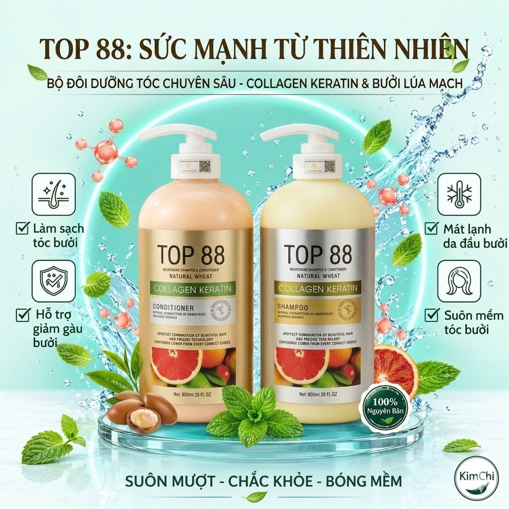 Combo Gội Xả TOP 88 Bưởi Collagen Keratin 800ml – Dưỡng Tóc Suôn Mượt, Thơm Lâu Tại Nhà