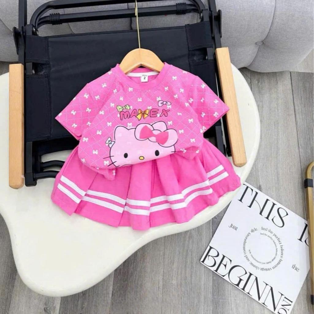 Hello Kitty Sét Váy Xếp Ly In Hình Hello Kitty Hot Trend 2026 Cute Thoáng Mát Cho Bé Gái (MS48)