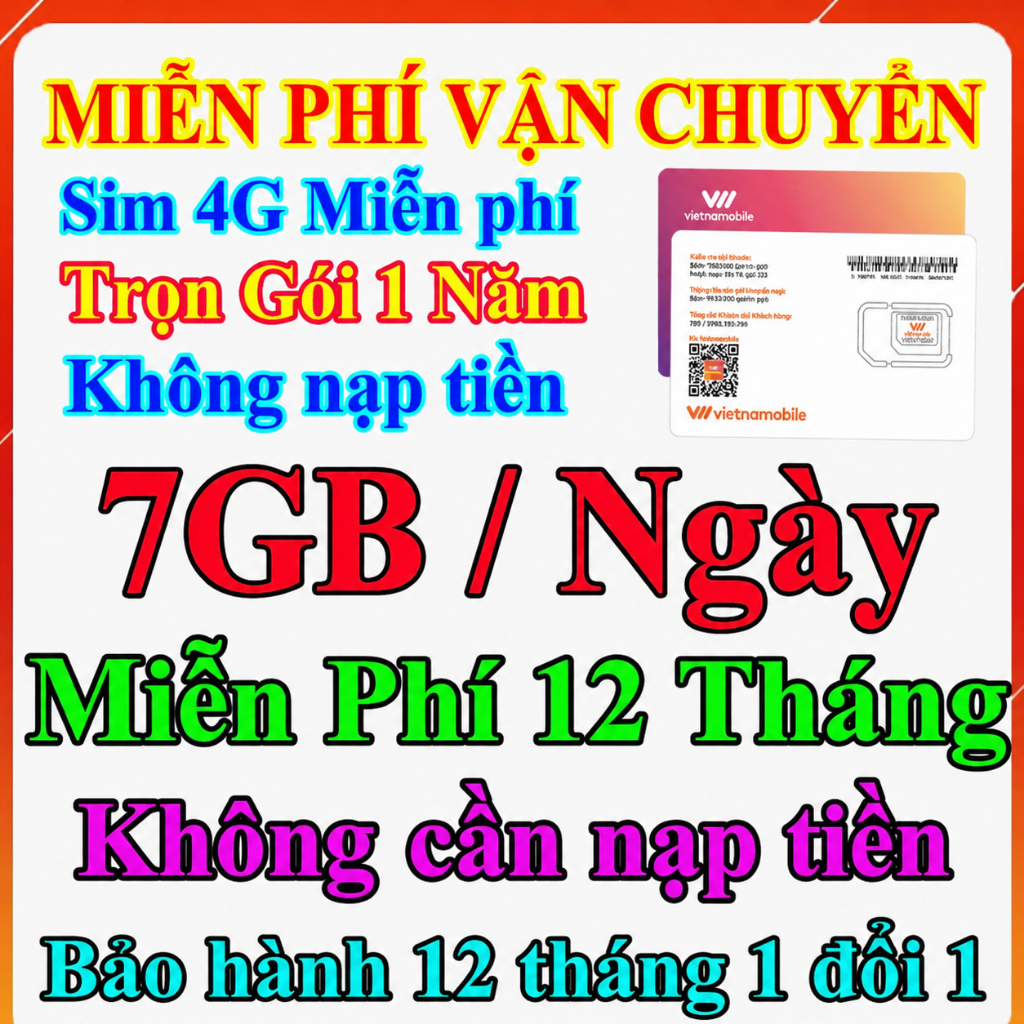 Sim 1 Năm 7GB/Ngày Vietnamobile – D365 – Hỗ Trợ eSIM Lấy Liền, Dùng 365 Ngày