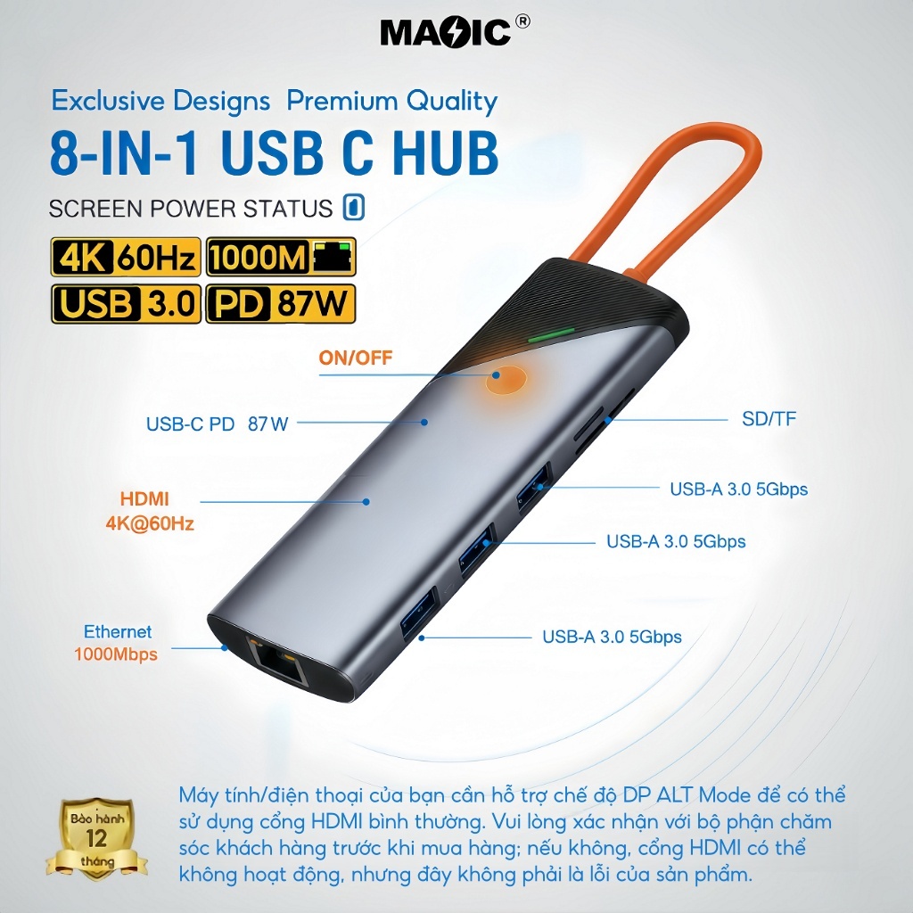 Docking Station 8/9in1 Hub Type C sạc 87W, HDMI/DP 4K60Hz, RJ45 2.5G/1000M cho MacBook&Samsung Dex