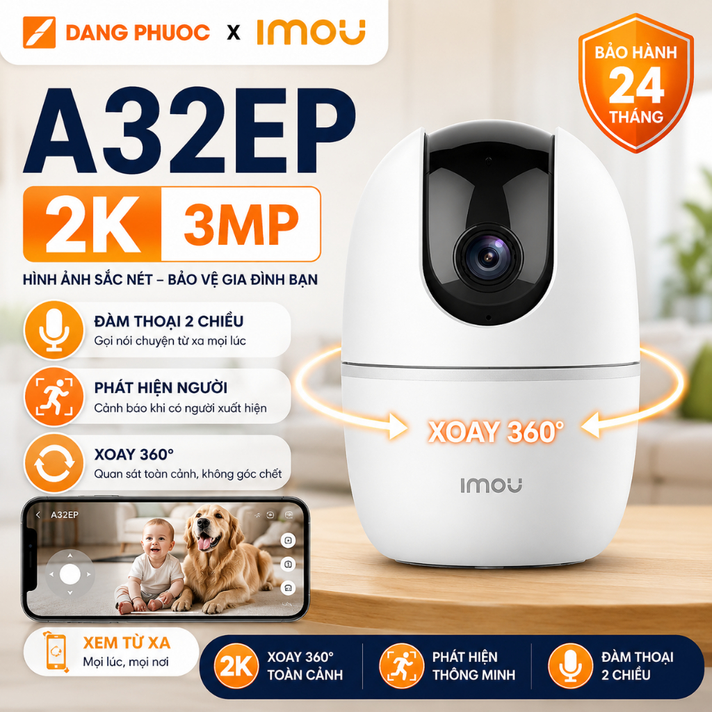 Camera Wifi IMOU A32EP 3MP 2K Xoay 360, Ranger 2 Trong Nhà Đàm Thoại 2 Chiều