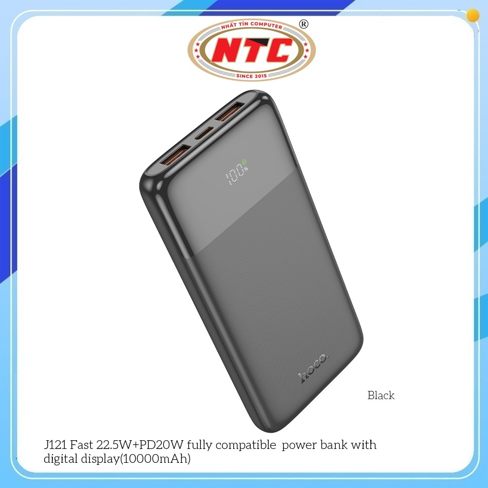 Pin Dự Phòng Hoco J121 10000mAh USB QC 3.0 22.5W, TypeC PD 20W (Đen)