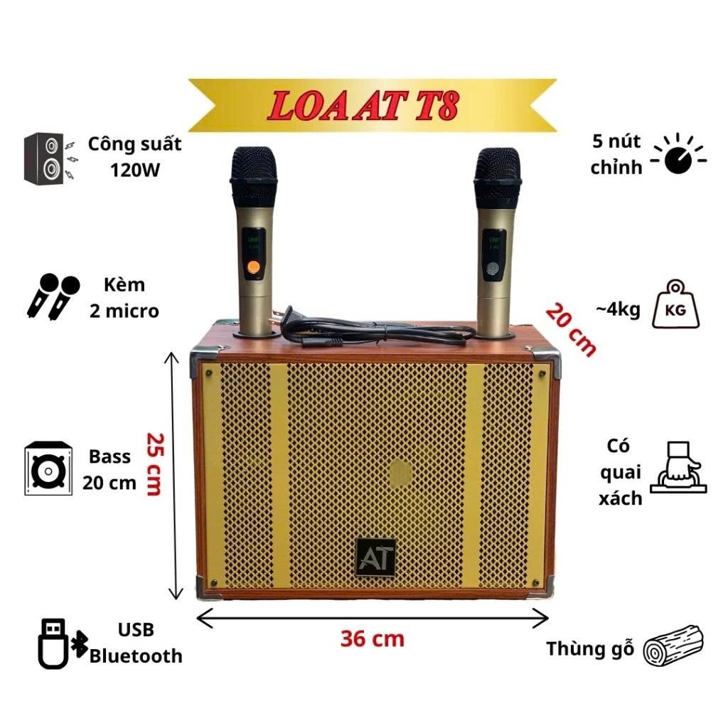 Loa Bluetooth Karaoke 2 Mic AT T8 Không Dây, Loa Karaoke Mini Bảo Hành 12 Tháng