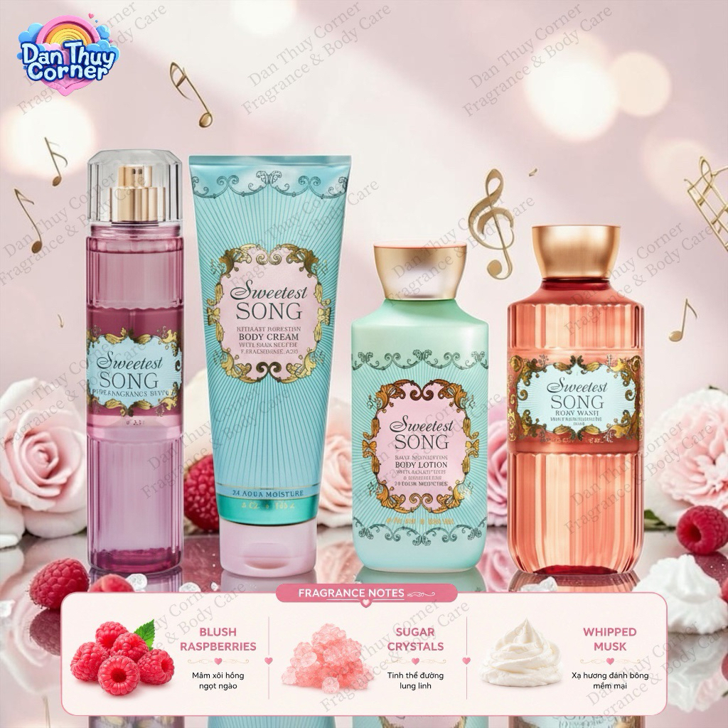 Sweetest Song – Xịt thơm & dưỡng thể hương mâm xôi hồng & xạ hương kem mềm mại (Mist/Lotion/Cream/Wash)