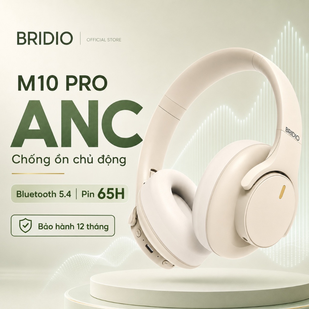 Tai Nghe Bluetooth Chụp Tai BRIDIO M10 PRO ANC Chống Ồn, Loa 40mm Bass Mạnh, Pin 65H, Đàm Thoại Rõ, 