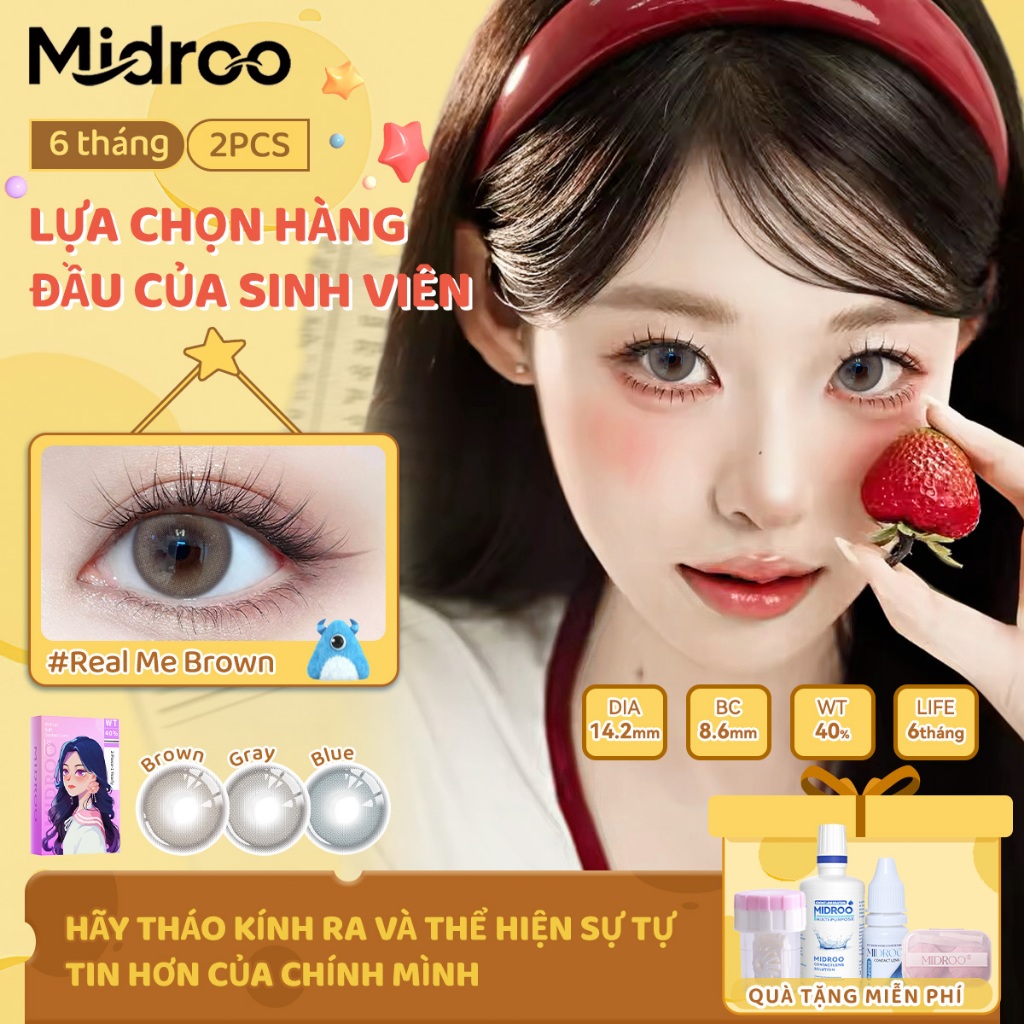 Kính áp tròng Midroo lens mắt Real Me Màu nâu xám Lam lens cận 6 tháng DIA 14.2mm có độ 0-6 2 chiếc