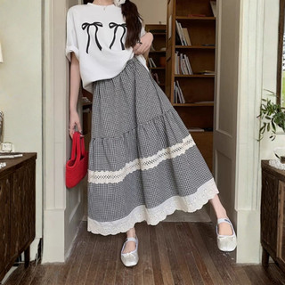Chân váy kẻ đen viền ren 2 lớp, váy midi dáng xòe cạp chun chất kate Renee Store - VD399