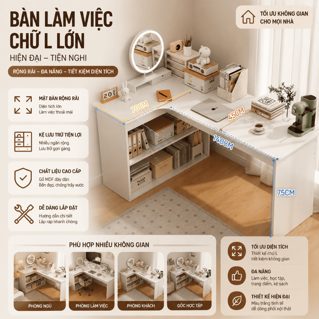 Bàn học chữ L, Bàn làm việc chữ L, Bàn làm việc có tủ, bàn học có kệ sách bằng gỗ 506