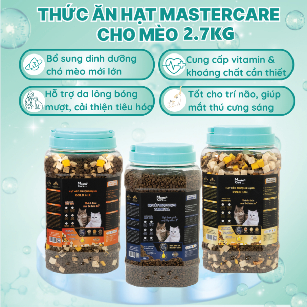 [Tặng Dầu Cá 100ml] Combo 2 Hủ Hạt Cho Mèo 2.7kg MasterCare Mix Gà, Trứng, Gan, Tôm Khô MasterCare